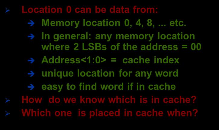 Simplest Cache: Direct Mapped Cache Memory Address 0 1 2 3 4 5 6 7 8