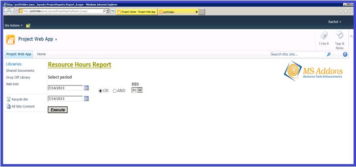 Resource Hours Report When you want to use the second report Resource Hours Report click on button.