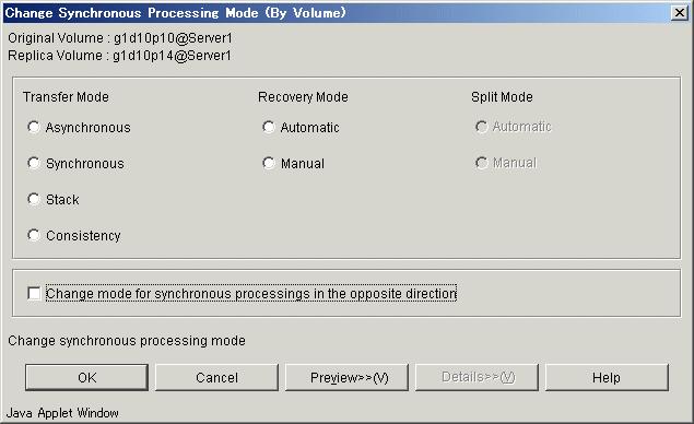 window: Selection in Original/Replica Volume Details view Volume name Operation Right-click the mouse and select [Change Synchronization Mode] from the popup menu.