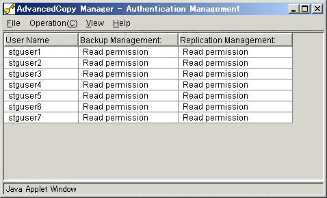 2.2 Authentication Feature Management Screen To display the Authentication Feature Management screen, logon to AdvancedCopy Manager using one of the startup accounts. Click on [Security] -> [View].
