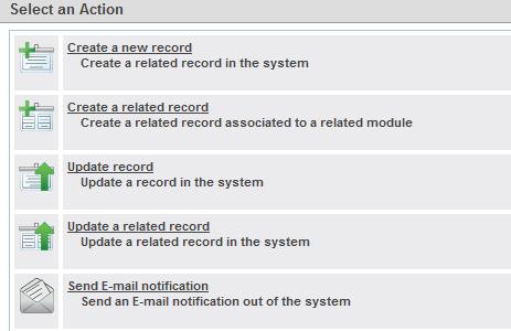Choose Actions Create a new record: Create a new record in the system that is related to the main record that triggered the workflow (IE: create a new Task record associated with the Account record).