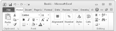 3 shows the Home tab of the Ribbon with all controls fully visible. Figure 1.4 shows the Ribbon when Excel s window is made more narrow.