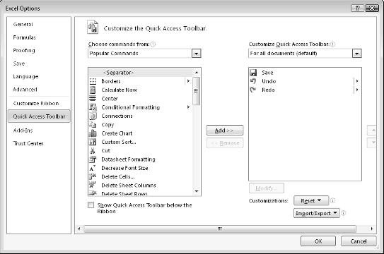 Part I: Getting Started with Excel Excel has commands that aren t available on the Ribbon. In most cases, the only way to access these commands is to add them to your Quick Access toolbar.