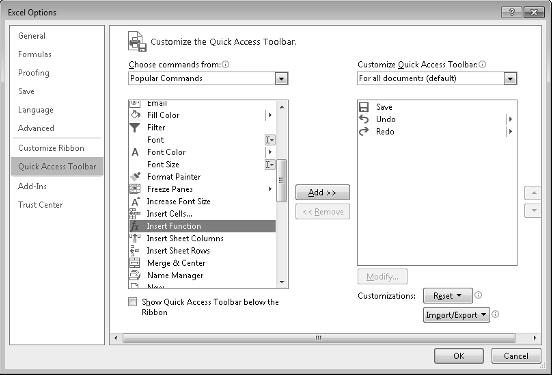 Part I: Getting Started with Excel FIGURE 1.10 Add new icons to your Quick Access toolbar by using the Quick Access Toolbar section of the Excel Options dialog box.