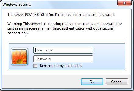 5. Open your web browser and type in the Ethernet module's default IP address (192.168.0.50) in the URL field. A window should appear requesting a user name and password.