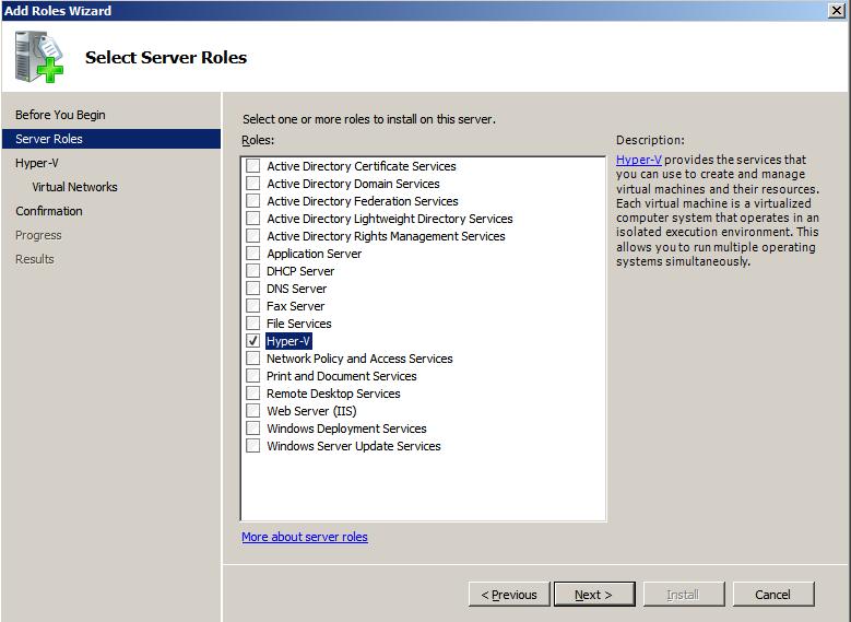 Figure 6. Installing the Hyper-V role in Windows Server 2008 R2.