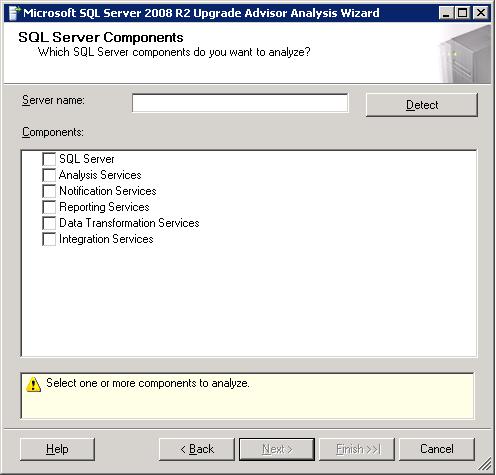 Figure 10. Upgrade Advisor component selection. 4. Provide proper authentication to SQL Server 2000, and select the database you want to analyze.