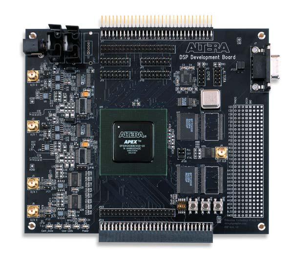 The APEX DSP development board starter version includes an APEX EP20K200E-1X device, a 10-bit analog I/O connector, and 256 KBytes of memory. Figure 1 