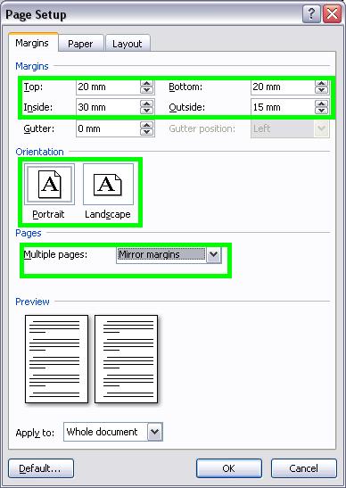 Section parameters Page margins Top