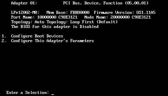 4. Server Settings 4.3. FC Controller BIOS Settings 4.3.3. Boot Device Registration Make sure that the Port Name of the selected port matches the WWPN of the port used for FC SAN Boot.