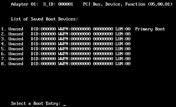 4. Server Settings 4.3. FC Controller BIOS Settings After the boot device list is displayed, enter 1 to display the setup screen for the Primary Boot entry.