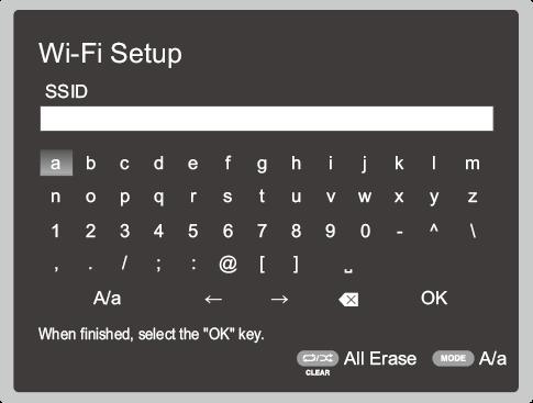 To switch between upper and lower case, select "A/a" on the screen and press ENTER. To select whether to mask the password with "*" or display it in plain text, press MEMORY on the remote controller.