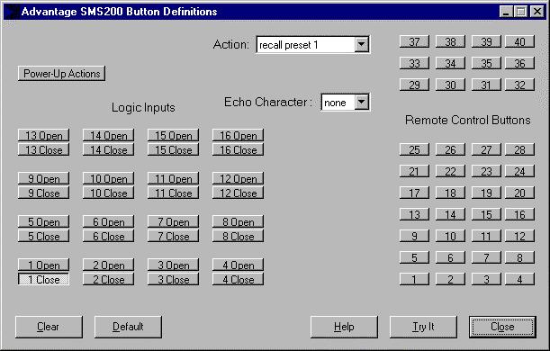 SETUP BUTTON DEFINITION SCREEN The Button Definition screen is used to assign specific recall preset actions to the Logic Inputs (and remote control buttons).