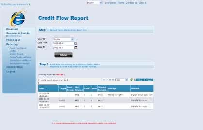 6.0 Reporting 6.0.1 Credit Flow Report Credit Flow Report shows the credit flow or changes for each broadcast and transferred made through the system. 1.