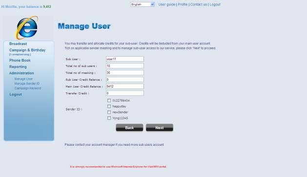 6. Enter the credit to be allocated to the new user and check the sender ID to be assigned
