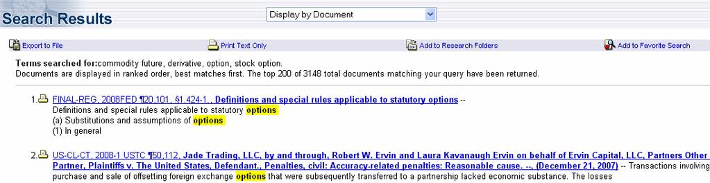 Search Results Toolbar for handling the documents on the list: Export, Print, Research Folders. Terms Searched for indicates the words/terms the CCH Legal Thesaurus found.