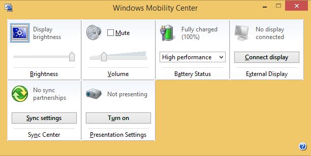 Understand Mobility Center options. Use the slider to adjust the device s volume or mute the device. Click or tap the icon to open the Sound window to adjust playback and recording settings.