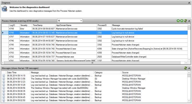 3.6 Managing Process Historian 3.6.14 Diagnostics of the Process Historian The upper area of the "Diagnostics" dashboard displays the 1000 most recent diagnostic messages from the Process Historian event log.