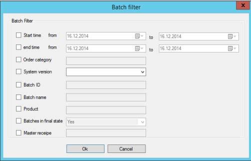 3.6 Managing Process Historian 4. Select the check boxes of the criteria by which you wish to filter the batch data. Enter the specific criteria or select the criterion from the drop-down list.