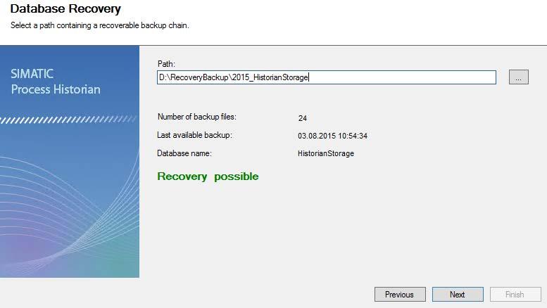 3.5 Recovering a database 2. Click "Next". 3. Enter the path of the required database backup. The database backup is checked to determine whether it can be restored.