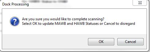 Figure 29 Recovery completion prompt Selecting OK will update the scanned MAWB statuses in SEKO RED.NA to one of the following.