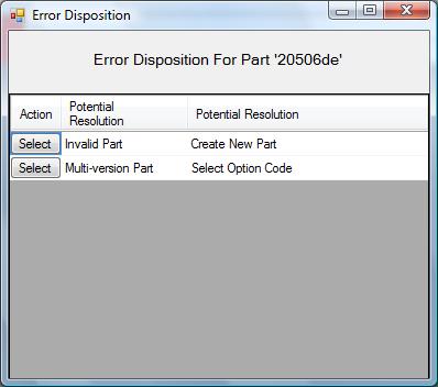 Figure 50 - Option Code Select Invalid Part / Create New Part to proceed by entering a new part master