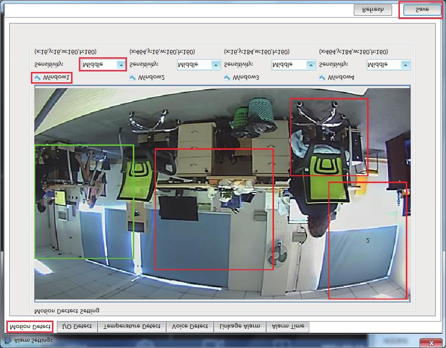 3.3.3.1 Motion Detection User can set up motion detection area here to narrow the motion detected area to some important places, tick each window, move your mouse to the lower right corner and drag