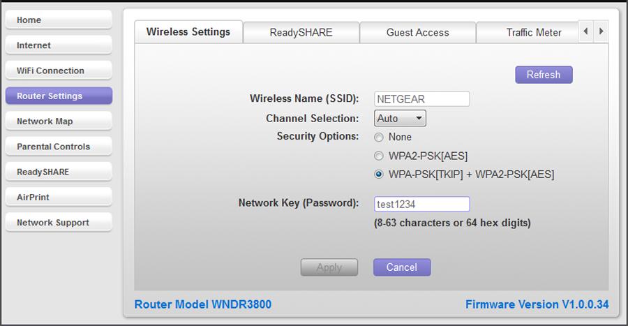 Wireless Settings View the current basic wireless settings for your router, including the wireless name (SSID), the channel selection, and the password if your network uses wireless security.