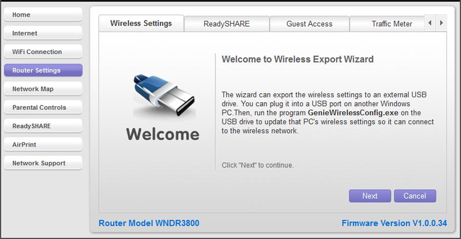 Export Settings You can use the Wireless Export Wizard to export the router wireless settings to a USB device such as a flash drive.