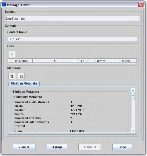 Viewing FlipScan Metadata When FlipScan pre-processes a file, it extracts video, audio, and other metrics from the media, and adds a FlipScan label to the FlipFactory job ticket (an MDML message) to
