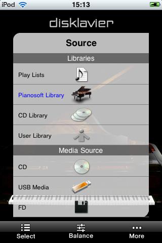 Selecting a Song Tap on [Select] in the toolbar. Tap on the desired source.