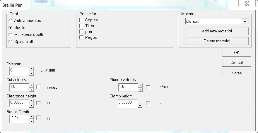 Now click on the Tool Options button at the bottom left hand corner of the Output window. A dialogue window with the name Braille Cutter will appear.