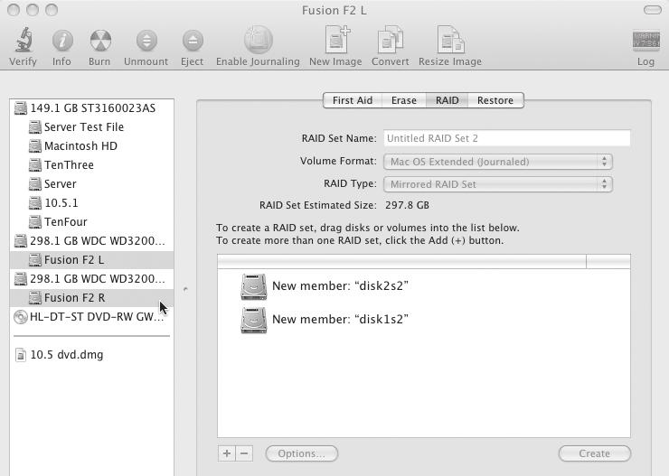 Fusion F2 Setup Mac OS Drive Formatting & Configuration (continued) 3. Click the RAID tab in the Disk Utility window, select the Fusion F2 drives and drag them into the disk field (Figure 5).