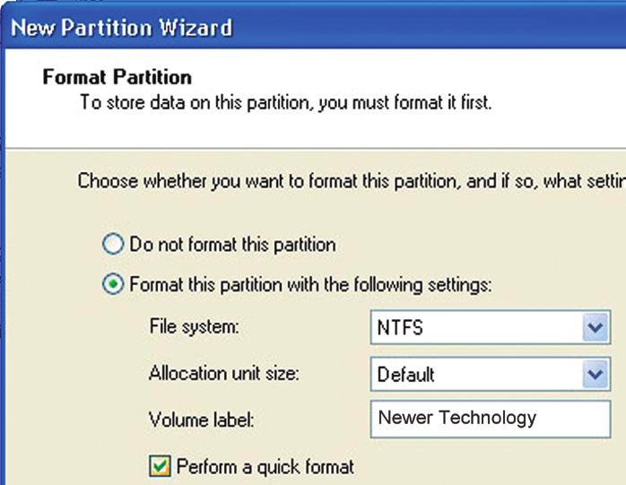 On most systems running Windows 2000 or later, it is advisable to specify the file system as NTFS.