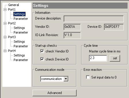 KS2000 Configuration Software IO-Link port settings In the General dialog click on Settings for the required port. Fig. 28: IO-Link port settings?