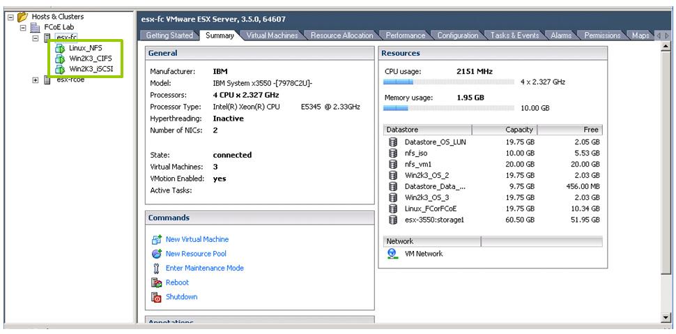 The VMware Infrastructure screen shot shown in Figure 6 shows three virtual machines accessing the same NetApp FAS system over a commodity Gigabit Ethernet network using the NFS, CIFS, and iscsi