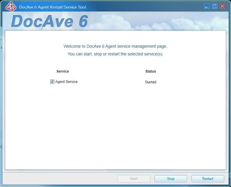 b. On the DocAve 6 Agent Restart Service Tool interface, select Agent Service, and cl