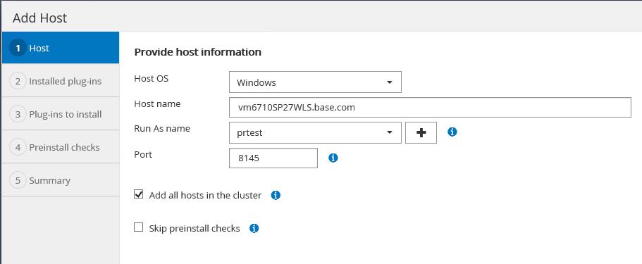 5. In the Add Host > Host step, provide the host information for the SharePoint Server or SQL Server you are about to add.