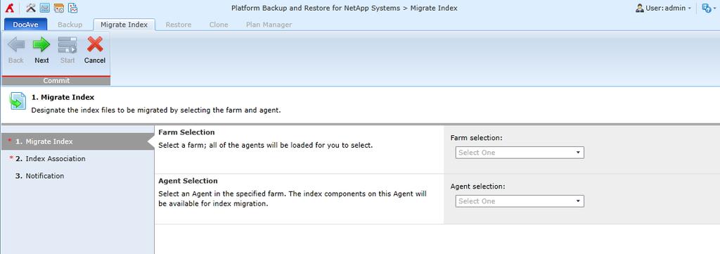 Figure 9: The Migrate Index screen. Complete the steps below: 2. Migrate Index In the Farm Selection field, select the farm that contains the SharePoint indexes you want to migrate.