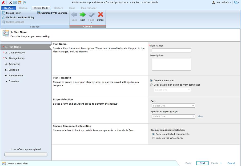 Figure 10: Creating a plan in Wizard Mode. 4. In the Data Selection step, select or deselect the farm components to include or exclude from this backup plan.