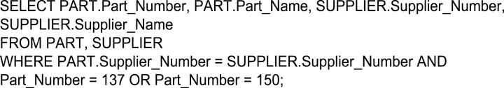 Database Management Systems Example of an SQL Query Illustrated here are the SQL statements for a query to select suppliers for parts 137 or