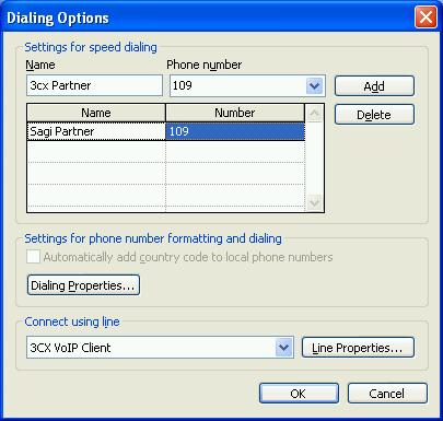 Screenshot 18 - The Dialing Options dialog 3. In the section Connect using line, select the entry 3CX VoIP Client. Click OK to exit the dialog. 4.