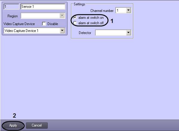 5. 6. Set the Alarm at switch on checkbox (1). To save changes click Apply button (2). Configuring of the Sensor object corresponding to the operator call button on SIP-device is completed.