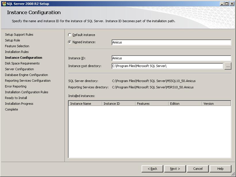 Instance Configuration IMPORTANT: Select Named instance option and enter AMICUS Failure to do this might affect other