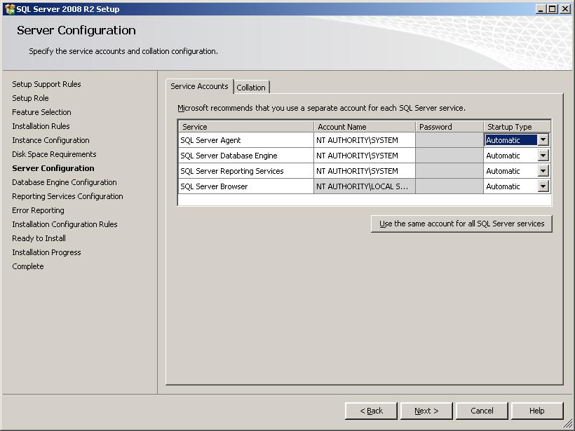 Server Configuration On the Service Accounts tab, ensure that the SQL Server Agent, SQL Server Database Engine, and SQL Server