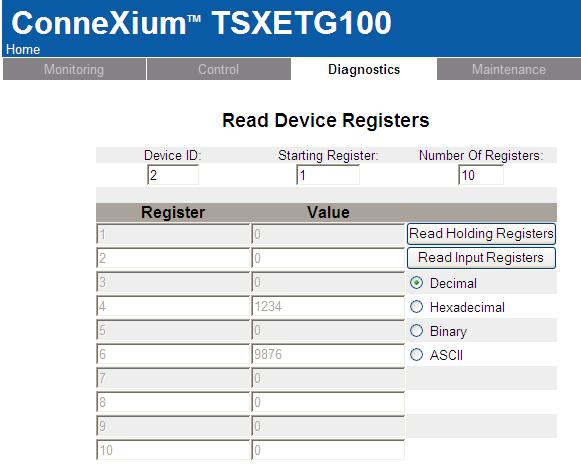 4.0 TSXETG100 Program: Maximise the TSX program. This device should still be connected via Internet Explorer and Ethernet. Click on box marked Diagnostics.