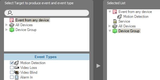 User s Manual Name: Enter the Preset name. Condition Type: Select Event Condition. Select Target to produce event and event type: Select event types that trigger video recording.