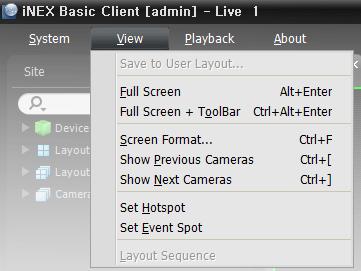 inex Basic Menu System New Tab: Adds panels (maximum of 4 for Live panels and maximum of 2 each for Play and SD Card Search panels).