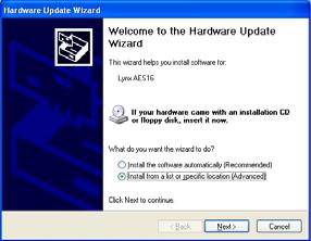 When the Hardware Update Wizard box appears, choose Install from a list or specific location (Advanced) and