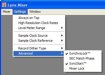 Lynx Mixer Reference 3) Sample Clock Reference This menu selection replicates the Sample Clock Reference selection on the Adapter window (see Section 6.2 Adapter Window), for added convenience.